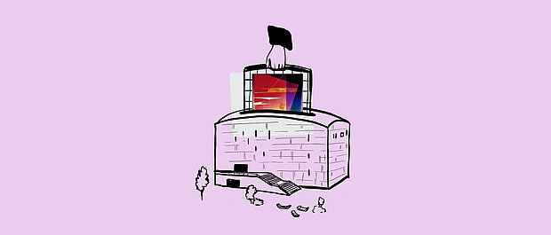 
            
                Illustration der mumok Sammlung: Ein Werk wird wie aus einem Register aus dem mumok Gebäude gezogen
            
        